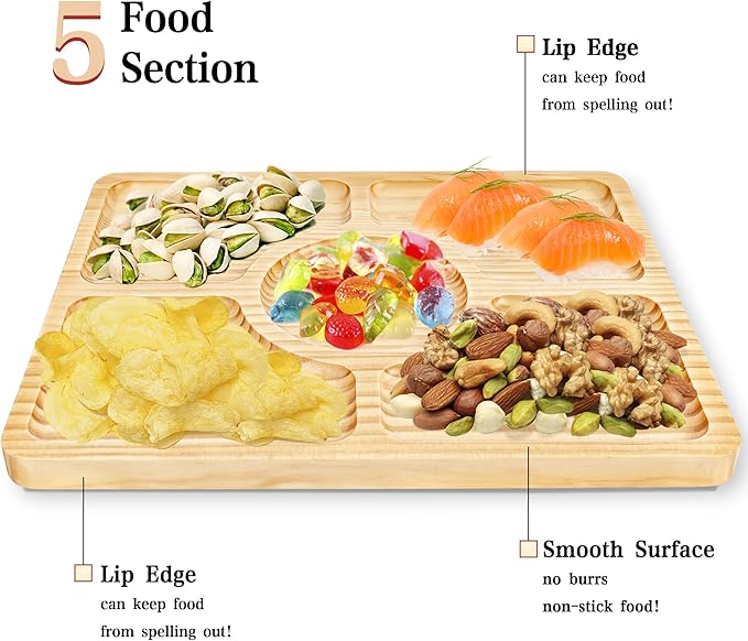 Divided Wood Serving Tray, Rectangular Tray Chip and Dip Platter, Serving Tray with 5 Sections for Appetizers & Snacks, Veggie Platter, Food Trays for Party 12'' x 8.7'' x 0.6''