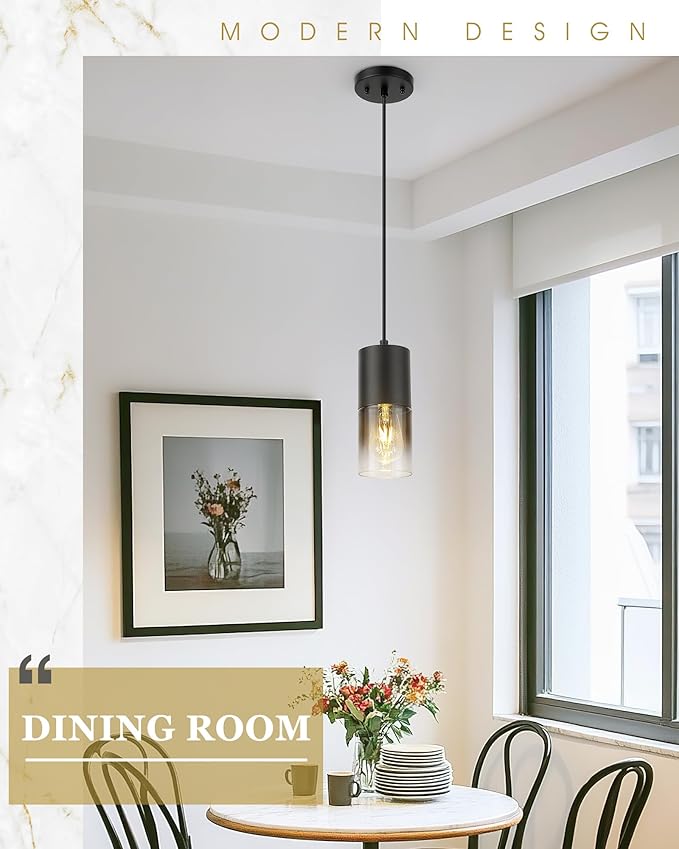 Black Pendant Lights Kitchen Island, Modern Hanging Lights Fixtures with Cylinder Black Gradient Glass, Industrial Kitchen Pendant Lighting Over Island for Dining Room, AD-24023-1P-BK-SM