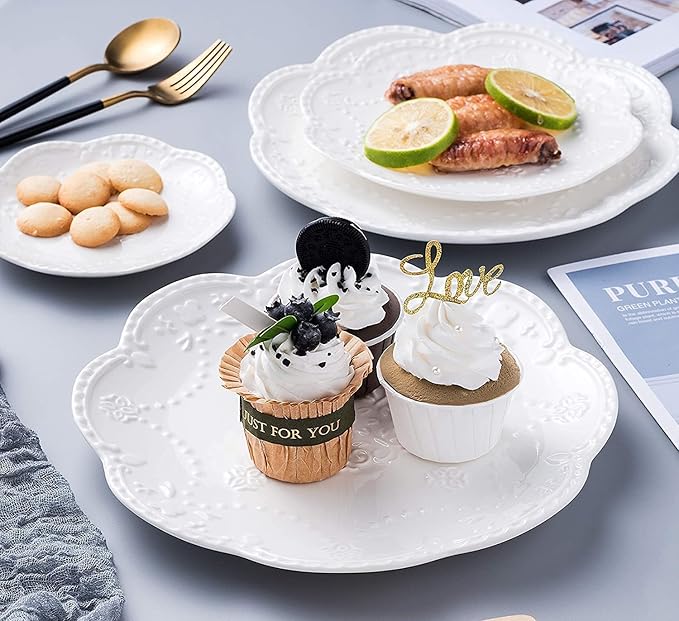 YBK Tech Elegant Round Embossed Lace Plate, Ceramic Serving Plate for Breakfast Afternoon Tea (White, 8-inch)