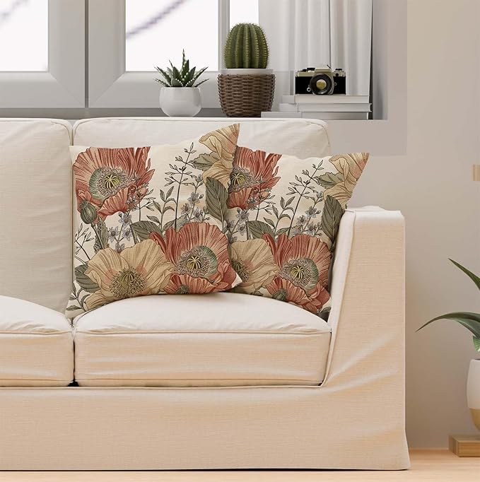 TSSOHU Vintage Flower Throw Pillow Covers 18x18 Brown Rust Colored Floral Botanical Pattern Decorative Pillows Outdoor Linen Farmhouse Cushion Case Country Pillowcase for Sofa Bed Room Decor Set of 2