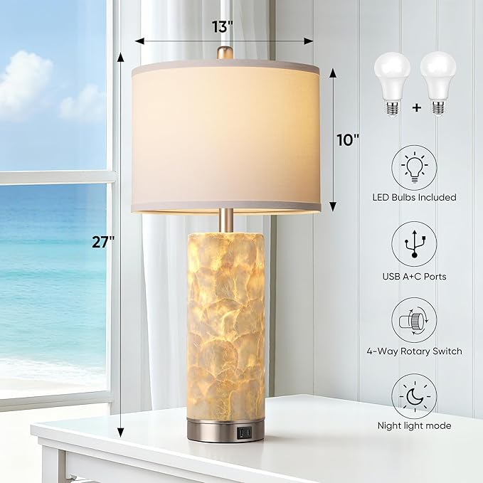 PARTPHONER Coastal Table Lamps for Living Room Set of 2, Bedside Lamps with Night Light, USB A+C Ports, 4-Way Rotary Switch, Seashell Nightstand Lamps for Bedroom and Home Office(LED Bulbs Included)