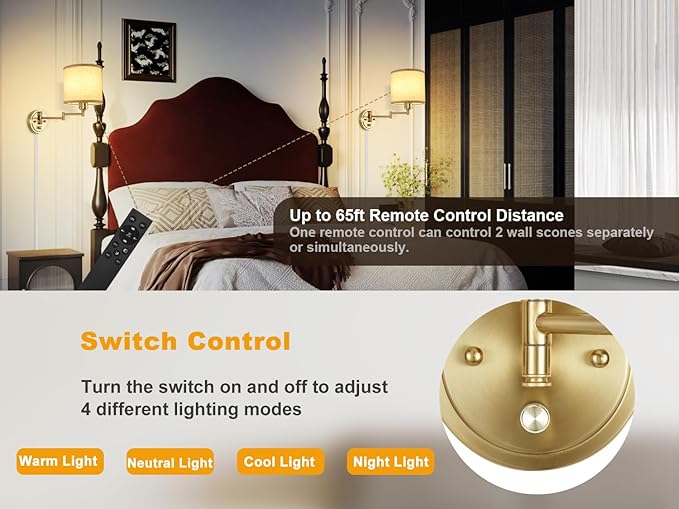 Plug in Wall Sconces with Remote Control, Dimming & Adjustable Colors 2700K-6500K, Hardwire or Plug-in, Swing Arm Wall Lamp with Linen Fabric Shade, Wall Sconces Set of Two, Gold Finish
