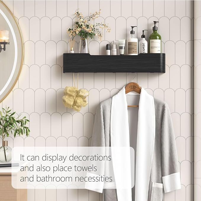 Coat Rack Wall Mount with Hidden Hooks Entryway Hanging Shelf Modern Wood Coat Hanger for Bedroom Kitchen Hallway Bathroom (Black,20.9 Inch Long)