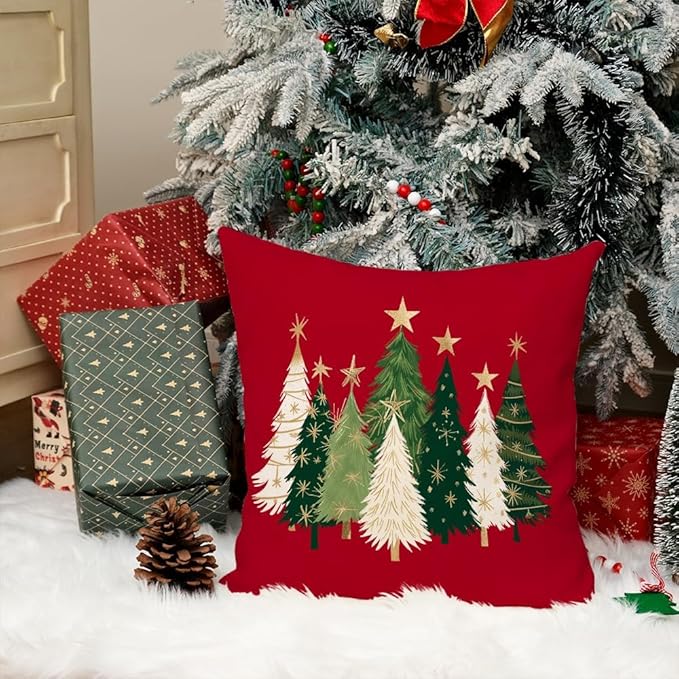 AACORS Christmas Pillow Cover 18X18 Inch Watercolor Christmas Tree Stars Decoration Holiday Farmhouse Winter Pillow Case for Sofa Couch Decor（Red） AA231-18