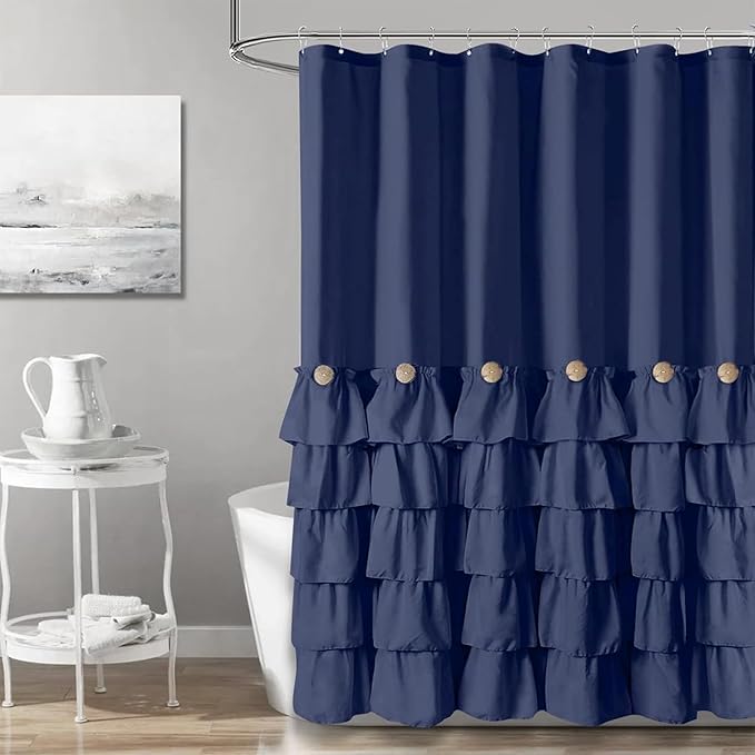 Seasonwood Navy Blue Shower Curtain for Bathroom Ruffle Shower Curtain 72 X 84 Inches Farmhouse Shower Curtains with Buttons & Blue Ruffles
