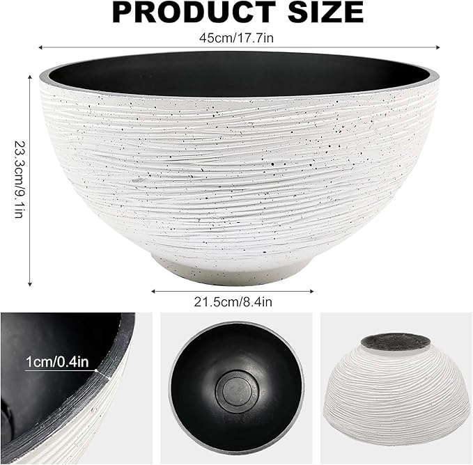 17.7inch Large Lotus Bowl Planter Garden Water Plant Pot Bird Bath Bowl Landscaping Planter Water Lily Pots for Outdoor Indoor Planting in Water Small Fountain Base Mini Fish Pond (White)