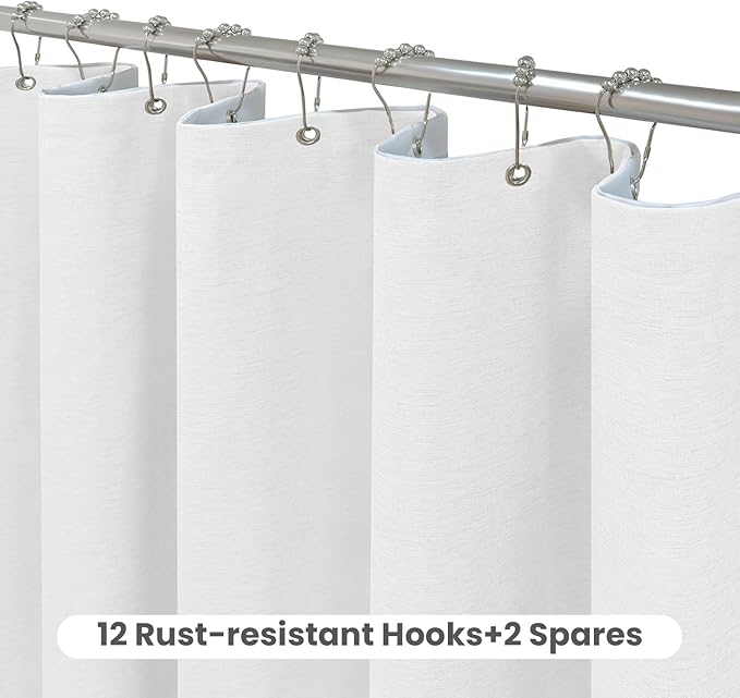 Inhousolu Boho Farmhouse Shower Curtain with Fabric Liner Set, Faux Linen Textured, 14 Metal Hooks Luxury Weighted Hem, Washable Wrinkle Free Bath Curtain for Hotel Bathroom 72" W x 84" L White