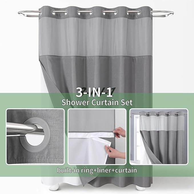 Extra Long No Hook Shower Curtain with Snap-in Fabric Liner Set,Slub Textured Fabric Shower Curtains for Bathroom,Hotel Style Modern Shower Curtain,Water Repellent & Washable,71x86(84),Grey