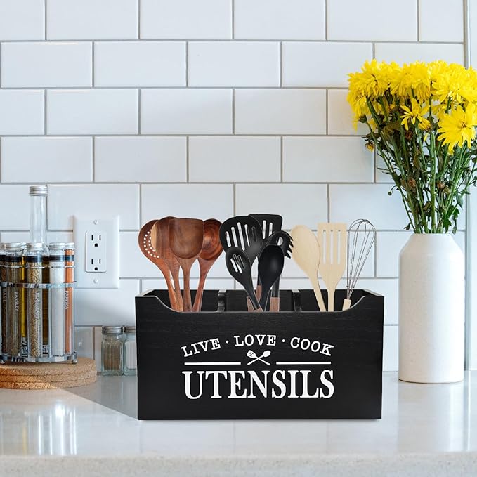 Kitchen Utensil Holder with Drainage Bottom, Large 3 Compartments Solid Real Wood Utensil Organizer for Kitchen Counter, Farmhouse Cooking Tools Storage for Countertop, Black
