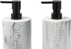 Marble Resin 2 Piece Shampoo and Conditioner Dispenser Set, Luxurious Refillable Pump Bottles with Matte Pump Top and Embossed Text, Durable Design for Bathroom and Shower