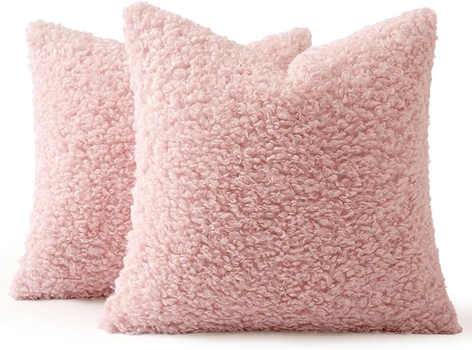 MIULEE Pack of 2 Pink Throw Pillow Covers 18x18 Inch Faux Fur Decorative Sherpa Boucle Pillow Covers Fuzzy Accent Soft Sheepskin Fleece for Boho Home Decor Couch Living Room Bed Valentines Day