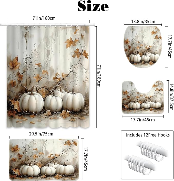 MEHOFOND 4pcs Vintage Pumpkin Shower Curtain Set, Fall Thanksgiving Harvest Vintage Decor, Retro Autumn Halloween Bathroom Accessories, Farmhouse Maple Leaves Bathroom Curtain Sets 72x72 Inch