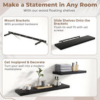 Floating Shelves for Wall with Invisible Brackets, Wall Mounted Engineered Wood Shelves with Wood Grain for Living Room, Bedroom, Bathroom, Kitchen Decor and Storage, Oak, 36"L Set of 2, Black