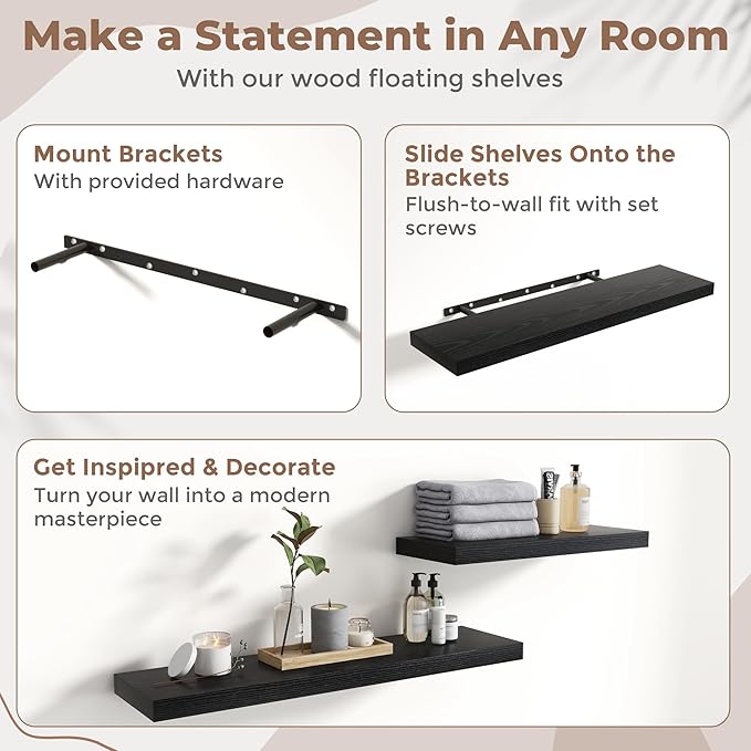 Floating Shelves for Wall with Invisible Brackets, Wall Mounted Engineered Wood Shelves with Wood Grain for Living Room, Bedroom, Bathroom, Kitchen Decor and Storage, Oak, 36"L Set of 2, Black