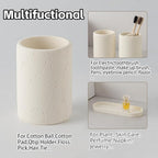 Bathroom Accessories Set, 4 Piece Travertine Stone Look Collection, Modern Bath Organizer with Soap Dispenser, Toothbrush Holder, Tumbler, Vanity Tray for Countertop Kitchen Sink (Off White)