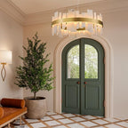 Alabaster Round Chandelier, 32 Inch Natural Spanish Marble Stone Texture Chandeliers, Dimmable Dining Room Chandelier over Table, Modern Luxury Lighting for Living Room, Bedroom, Entryway, Foyer
