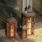 DECORKEY Large Farmhouse Wooden Metal Lantern Set of 3, 27''/22''/15'' H Rustic Decorative Indoor & Outdoor Hanging Candle Lanterns, Wooden Outdoor Lanterns for Patio Front Porch Table, Brown