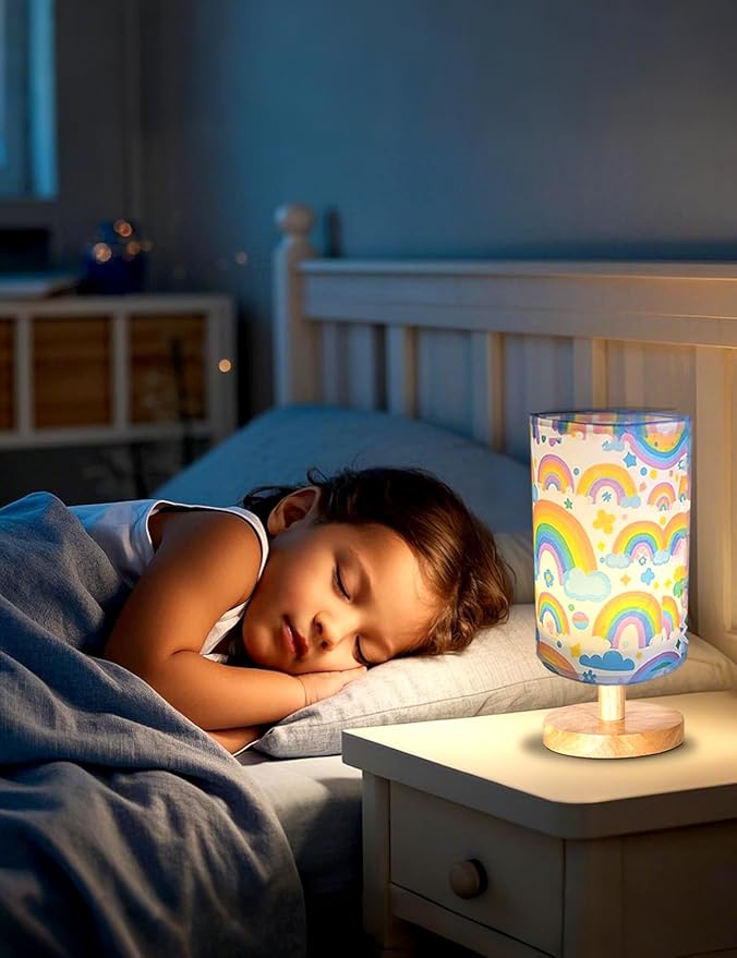 Rainbow Lamp, Girls Lamps for Bedroom, 3 Level Dimmable Wood Nightstand Desk Base Flaxen Fabric Shade for Bedroom Living Room, Rainbow Night Light Gifts for Girls
