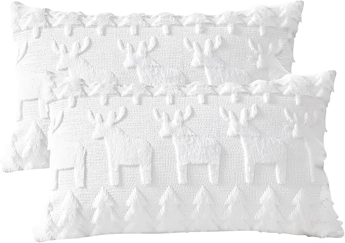 OTOSTAR Set of 2 Xmas Soft Plush Short Wool Velvet Decorative Throw Pillow Covers Rectangular Luxury Style Cushion Case Pillow Shell for Sofa Bedroom Christmas Tree and Elk White, 12x20 Inch