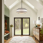 19.7" Black Drum Chandelier with White Linen Lampshade 4-Light Modern Farmhouse Chandelier Light Fixture for Dining Room, Kitchen Island, Foyer Entryway Bedroom