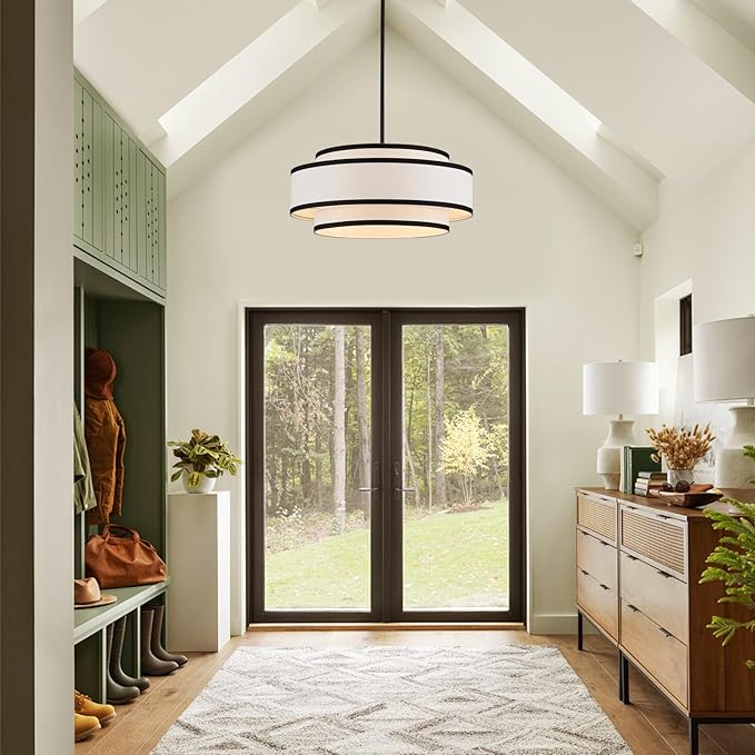 19.7" Black Drum Chandelier with White Linen Lampshade 4-Light Modern Farmhouse Chandelier Light Fixture for Dining Room, Kitchen Island, Foyer Entryway Bedroom