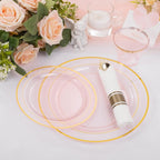 WELLIFE 350Pcs Clear-Pink Plastic Dinnerware- Pink and Gold Plastic Dinnerware include 50 Dinner Plates, 50 Dessert Plates, 150 Gold Silverware, 50 Cups and 50 Napkins Perfect for Parties