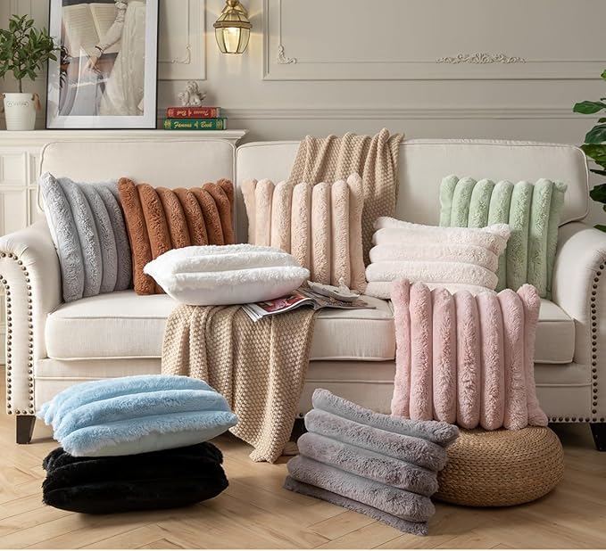 Faux Fur Plush Throw Pillow Covers 20x20 Inch Set of 2 - Luxury Decorative Fuzzy Striped Soft Cozy Pillowcase for Couch, Sofa, Living Room - Black