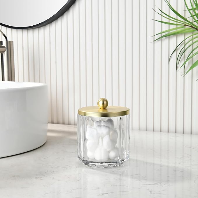 Home Glass Cotton Jar Holder Matte Gold Lid, Elegant Bathroom Storage Canister for Qtips, Cotton Balls, Floss, Makeup Organizer, Vanity Bathroom Organization