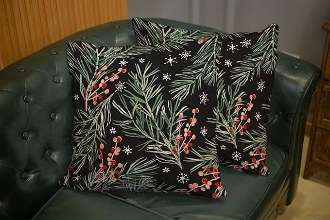 CAPSCEOLL 2PCS Black Branch Covers for Throw Pillows 18X18Inch Winter Christmas Berries Black Botanical Green Floral Forest Snowflakes Washable Pillow Covers for Bedroom Sofa Soft Throw Pillow Covers