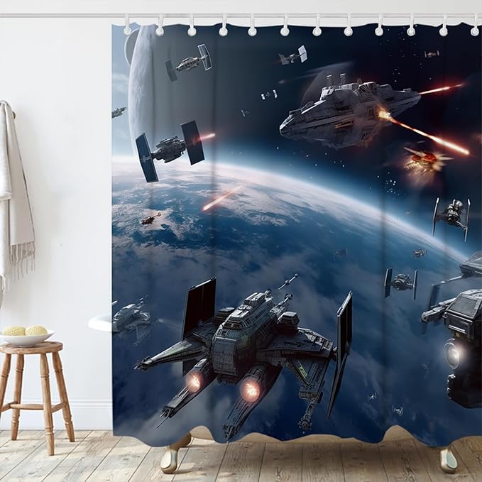 Universe Wars Shower Curtain Funny Planet Science Fiction Movie Theme Shower Curtain Set with 12 Hooks 72x78 Inch Polyester Machine Washable, Blue Grey