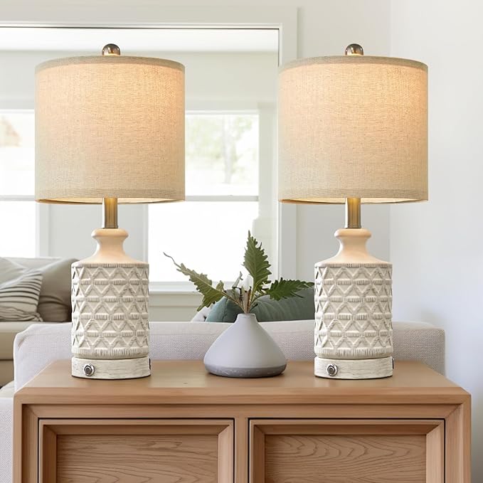 PoKat 20" Bedroom Lamps Set of 2, 3 Way Dimmable Farmhouse Table, Ceramic Nightstand Lamps for Living Room, Bedside Lamps for Bedroom End Table White