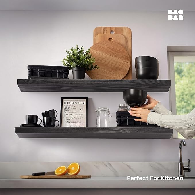 BAOBAB WORKSHOP Wood Floating Shelves for Wall 36 Inches Long - Heavy Duty Wall Shelf for Bedroom, Solid Wooden Bathroom Shelves Large 36 Inch Kitchen Farmhouse - Black Shelf, 36W × 6.7D, Set of 2