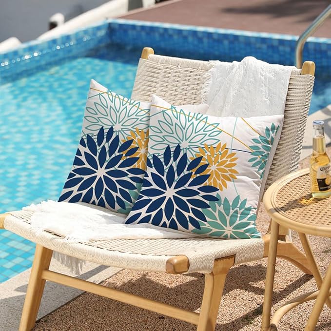 Dark Blue and Light Green Floral Pillow Covers 18x18 Set of 2 Outdoor Pillows Covers Waterproof Summer Pillowcovers Polyester Cushion Case Decor for Couch Patio Funiture Garden Porch 01T18