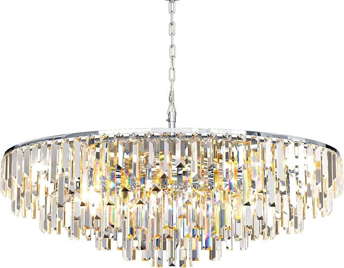 Chrome Modern Round Top K9 Crystal Chandelier Lighting Fixture, 17 Lights Round K9 Crystal Adjustable Hanging Lamp for Dining Room Bedroom Living Room,Hallway,Bar,Kitchen W39''