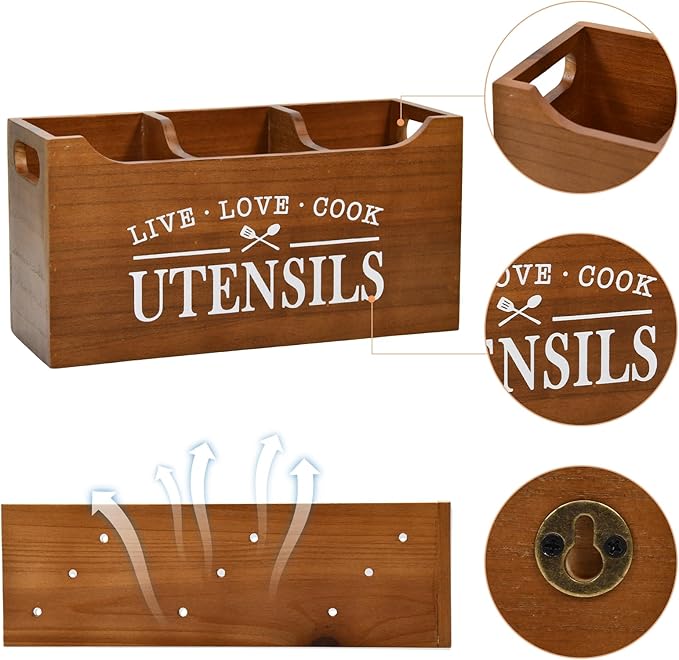 Kitchen Utensil Holder with Drainage Bottom, Large 3 Compartments Solid Real Wood Utensil Organizer for Kitchen Counter, Farmhouse Cooking Tools Storage for Countertop, Brown