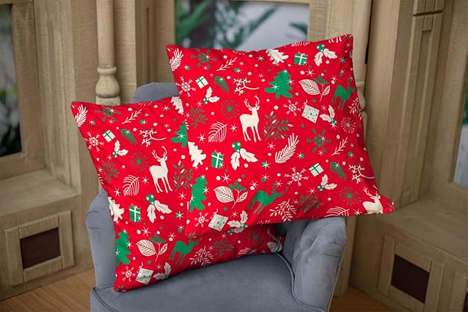CAPSCEOLL 2PCS Red Standard Pillow Covers 16X16Inch Green Christmas Reindeer Branch Deer Floral Pine Tree Snowflake Soft Pillow Covers for Bedroom Sofa Living Room Decorative Throw Pillow Covers