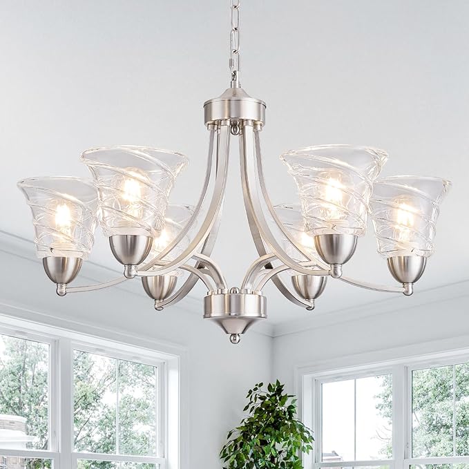 Modern Brushed Nickel Farmhouse Chandelier 6 Light Silver Chandeliers for Dining Room Adjustable Height Hanging Light Fixture with Clear Glass Shade,Pendant Light Fixture for Living Room Hallway Foyer
