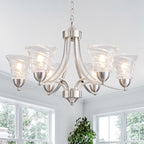 Modern Brushed Nickel Farmhouse Chandelier 6 Light Silver Chandeliers for Dining Room Adjustable Height Hanging Light Fixture with Clear Glass Shade,Pendant Light Fixture for Living Room Hallway Foyer