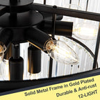 12 Lights 23.64" Black Modern Crystal Chandelier Crystal Pendant Ceiling Light Fixture 3-Tier Hanging Lighting for Dinning Room Bedroom Living Room Foyer
