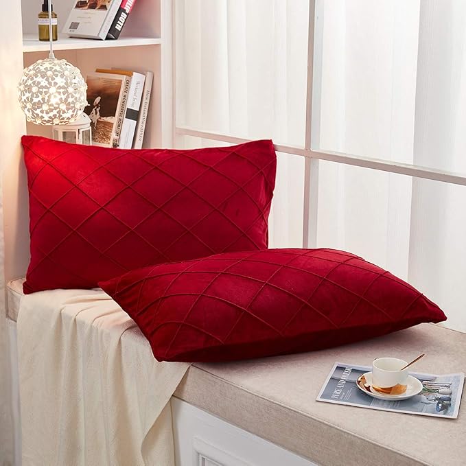 JAUXIO Diamond Pinch Pleated Crystal Velvet Pillowcases 2 Pack Solid Pintuck Throw Cushion Cover for Home Decor Hidden Zipper Closure (Burgundy, Standard)