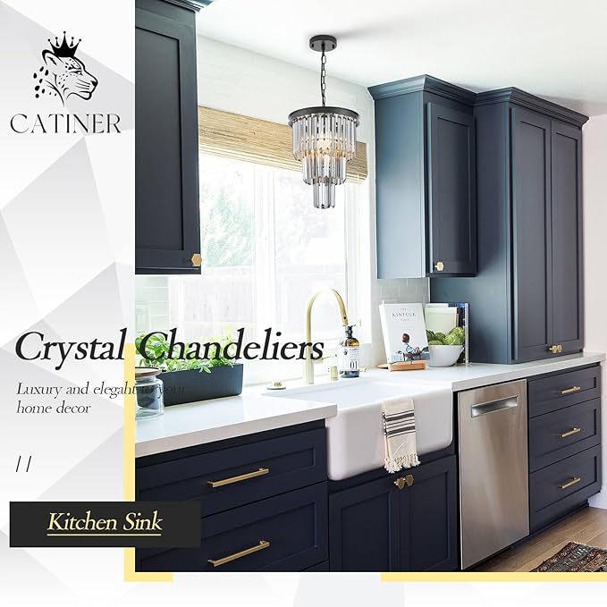 Black 3 Tiers Crystal Pendant Light, 3 Pack Mini Smoke Gray K9 Crystal Chandelier Modern Pendant Light Fixture for Kitchen Island Dining Room Hallway Bedroom Closet