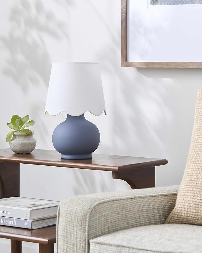 BoutiqueRugs Navarro Boho Ceramic Bedside Table Lamp for Bedroom Nightstand and Living Room - Shade Cotton - White, Blue - 13" H