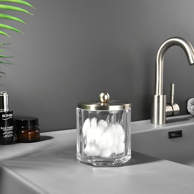 Home Glass Cotton Jar Holder Nickel Lid, Elegant Bathroom Storage Canister for Qtips, Cotton Balls, Floss, Makeup Organizer, Vanity Bathroom Organization