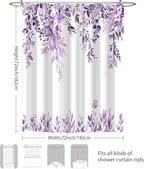 Eucalyptus Shower Curtain, Purple Watercolor Leaves with Floral Botanical Bathroom Decor, Waterproof Fabric Bath Curtain Set with Hooks, 72x72 Inches