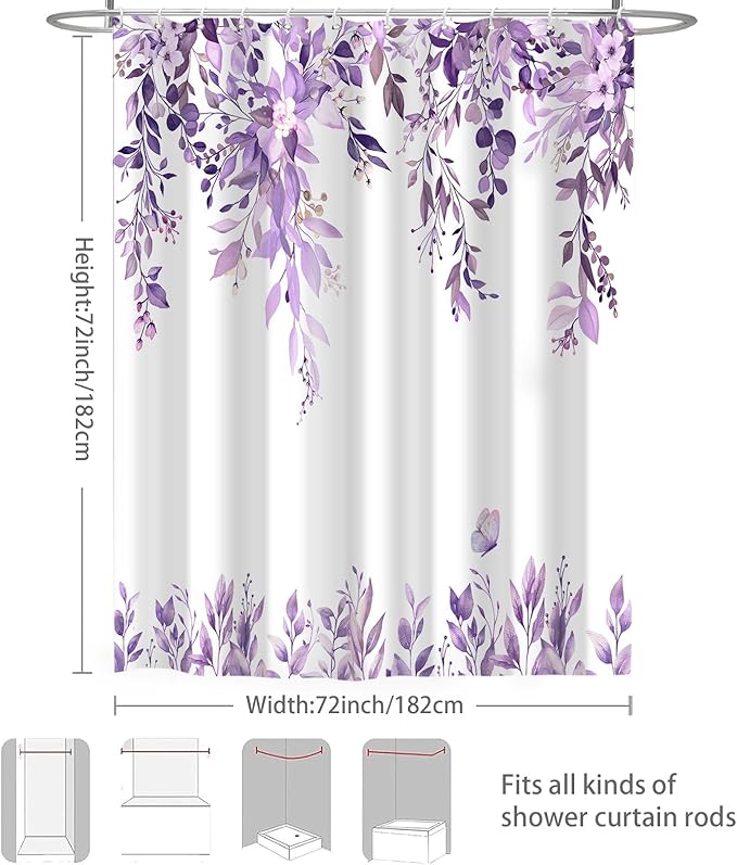 Eucalyptus Shower Curtain, Purple Watercolor Leaves with Floral Botanical Bathroom Decor, Waterproof Fabric Bath Curtain Set with Hooks, 72x72 Inches