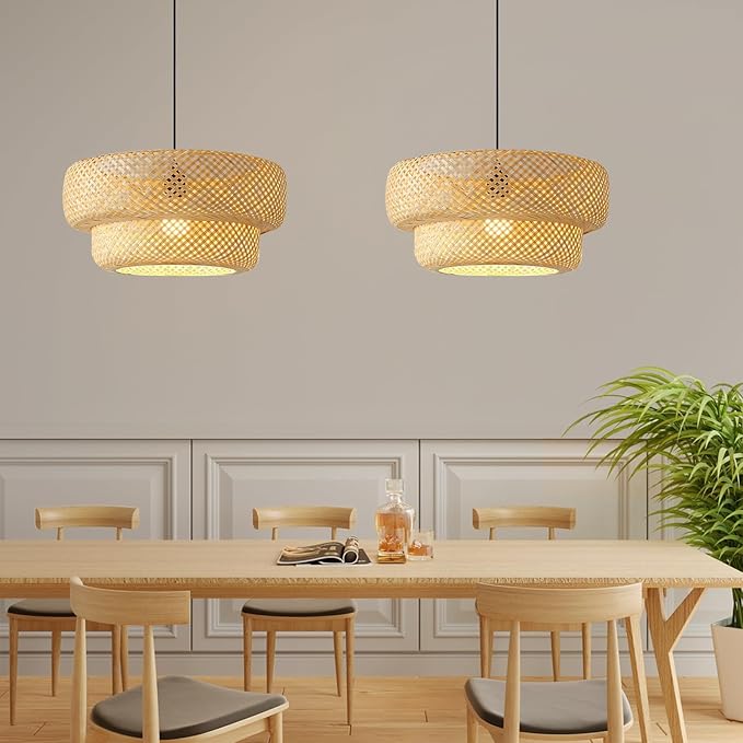 Bamboo Pendant Light, 18inch Hand-Woven Wicker Rattan Bamboo Chandelier, 2-Tier Beige Boho Rustic Island Dining Ceiling Hanging Light for Living Room, Kitchen, Farmhouse, Bedroom