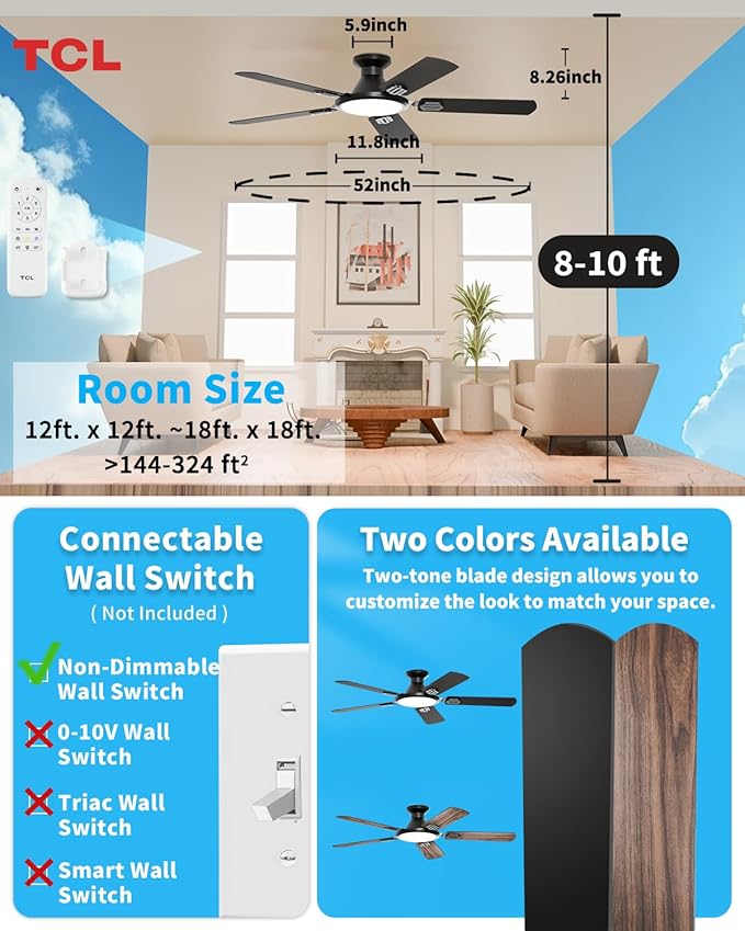 TCL 52" Low Profile Ceiling Fan with Light, Slim, Black, Flush Mount, DC Reversible Motor, 6 Speeds, Remote Control, Noiseless, Dimmable, LED Light, 3CCT, Modern Matte Black Ceiling Fan for Bedroom
