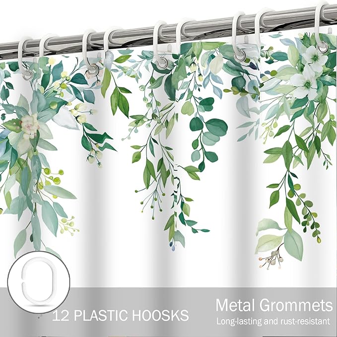 Eucalyptus Shower Curtain, Light Green Watercolor Leaves with Floral Botanical Bathroom Decor, Waterproof Fabric Bath Curtain Set with Hooks, 72x72 Inches
