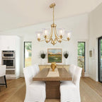 Farmhouse 6 Light Gold Chandeliers for Dining Room Light Over Table, Entryway Pendant Light for Foyer, Vintage Chandelier Ceiling Lights with Glass Shade for Kitchen Island Hallway, Adjustable Height
