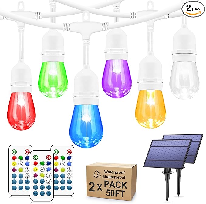 100FT(2x50FT) RGB Solar Outdoor String Lights with Remote, Dimmable Waterproof Patio Lights with 30 Bulbs for Porch Garden Bistro-White Cord